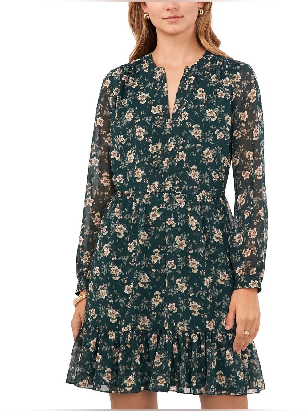 Vince Camuto Dark Green Floral Long-Sleeve Ruffle-Hem Dress